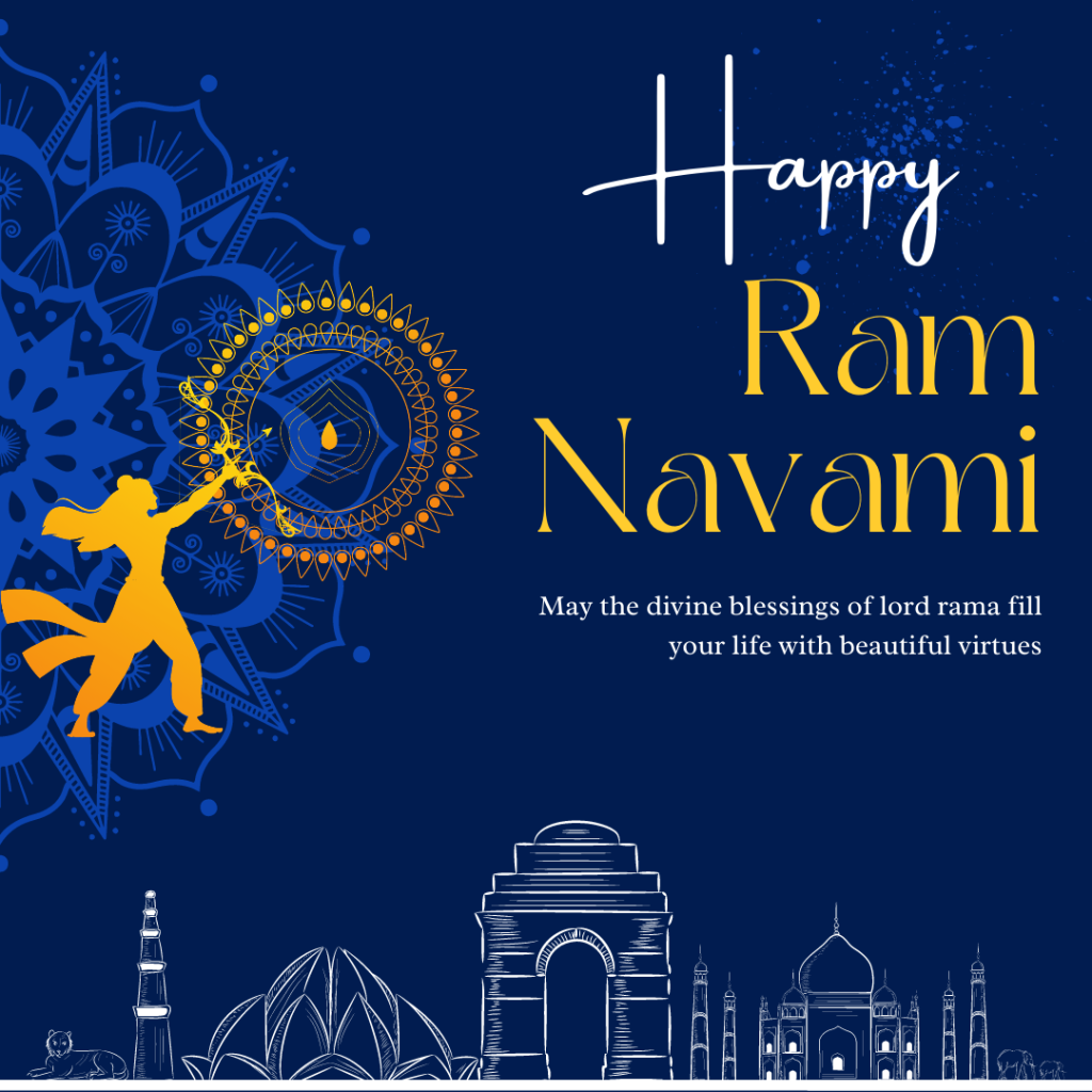 Lord Shree Ram Image Targeting Happy with bow and arrow. Happy Ram Navami Image with Dark Blue background